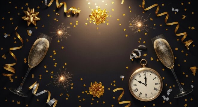 Festive New Year's Eve celebration with champagne flutes, a vintage pocket watch, and sparkling gold confetti and streamers on a dark background.