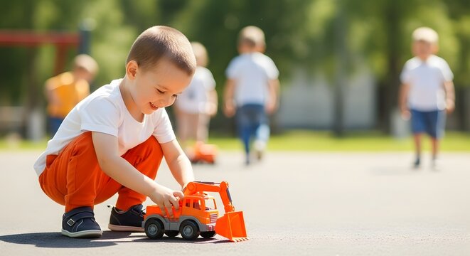 Happy little boy playing with a toy construction truck. Childhood, innocence, and outdoor play activities. Smiling kid crouching down to push an excavator toy outside in a park