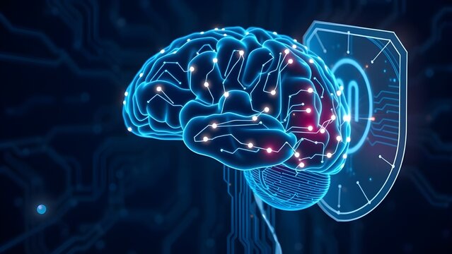 Brain made of glowing blue circuits light, protected by a transparent digital shield, ai concept - Powered by Adobe