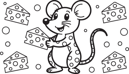 Happy cartoon mouse is holding a cheesy slice and surrounded by more cheese slices