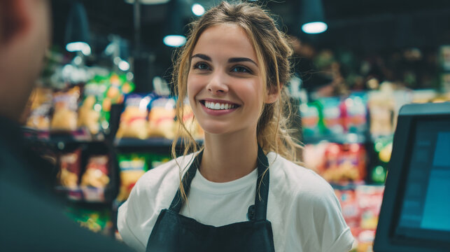 A smiling woman working as a cashier in a grocery store with shelves of snacks behind her