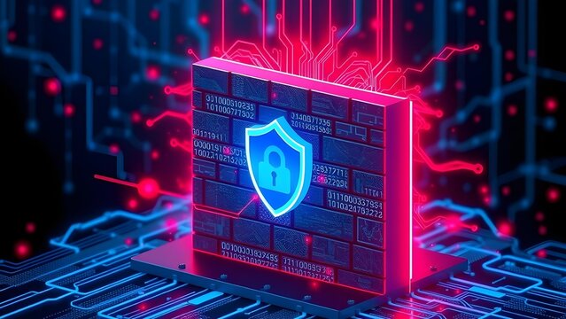 powerful digital firewall wall blocking red data attacks, internet security concept