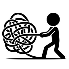 Stickman figure pulling tangle wire black vector icon with transparent background 