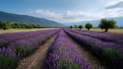 A picturesque lavender field stretches into the distance under a blue sky with scattered clouds showcasing vibrant purple blooms and manicured rows