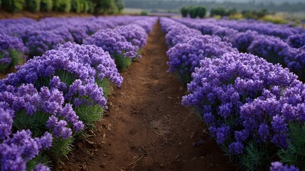 Rows of vibrant purple lavender flowers in a cultivated field under soft daylight