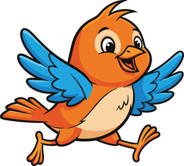 Cute orange cartoon bird running happily with blue wings, cheerful animal character, fun wildlife vector illustration, isolated on white background