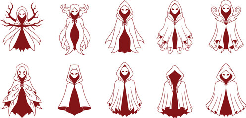 Minimalist cloak icon set, forest spirit inspired, flat 2D vector, geometric folds, mysterious fantasy design