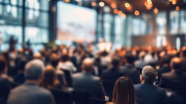 Corporate Seminar Blur: A blurred background of a corporate seminar or training session in a conference hall, with attendees. People in professional meeting of business leadership strategy audience