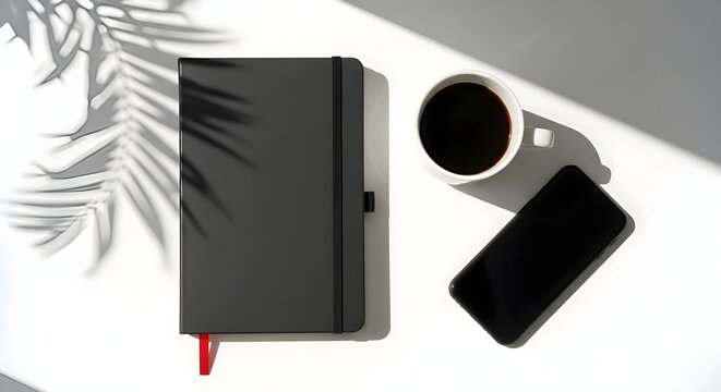 Minimalist flat lay of a dark gray notebook, smartphone, and a cup of black coffee casting shadows from palm leaves, suggesting a workspace or planning session