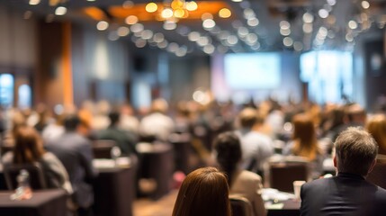 Corporate Seminar Blur: A blurred background of a corporate seminar or training session in a conference hall, with attendees. People in professional meeting of business leadership strategy audience