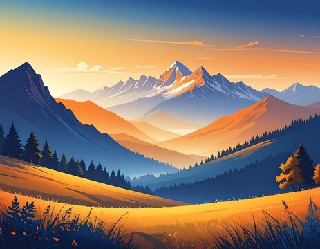 A vibrant sunrise casts golden hues over a mountain range, valleys, and foothills, with scattered trees and long grass