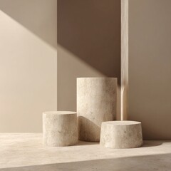 Three cylindrical, light beige marble display stands of varying heights sit on a matching surface, bathed in soft sunlight against a muted beige and brown wall