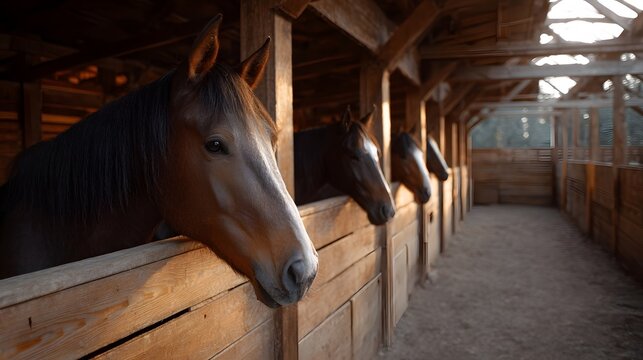 Three brown horses peer out from rustic wooden stalls in a sunlit stable at golden hour - Powered by Adobe