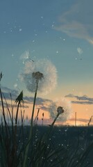 Two fluffy dandelion seed heads, backlit by a sunset, release seeds into a soft, pastel sky above a field of grass.  Specks of light add to the dreamy, ethereal mood
