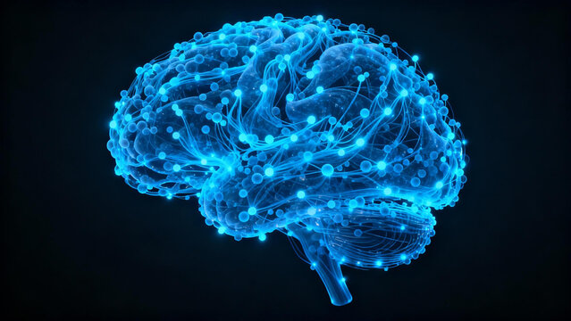 Futuristic neural network brain with glowing blue particles on dark background