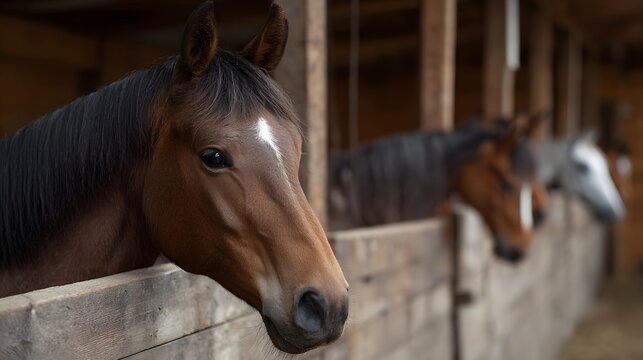 A beautiful brown horse with a distinctive white blaze stands in a rustic wooden stable stall looking out as other horses rest behind