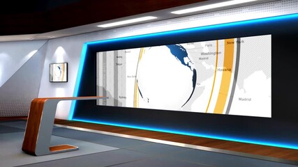 Digital 3D Animation with Moving Graphic Background on newsroom studio. presentation against global spinning earth cyber and futuristic style. live event 3D - Powered by Adobe