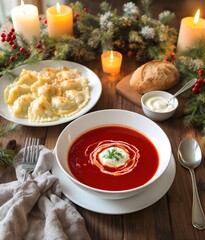 Rustic Holiday Table Setting with Traditional Eastern European Dishes 