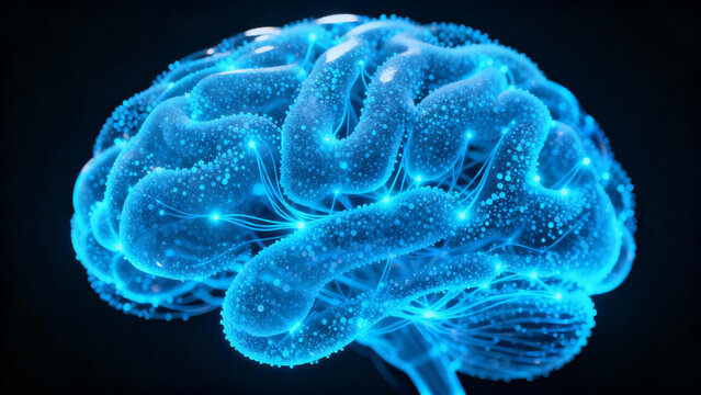 Futuristic neural network brain with glowing blue particles on dark background - Powered by Adobe