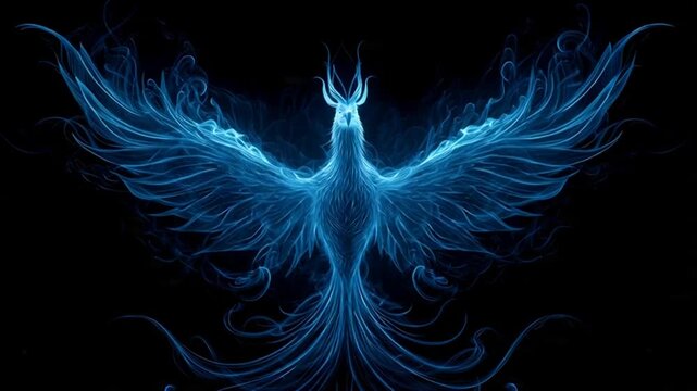 A glowing blue phoenix with outstretched wings against a dark background.