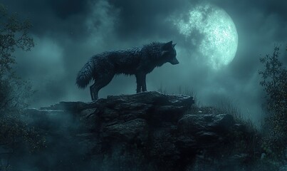 Fototapeta premium Mysterious wolf on rocky hill under a glowing full moon at twilight.