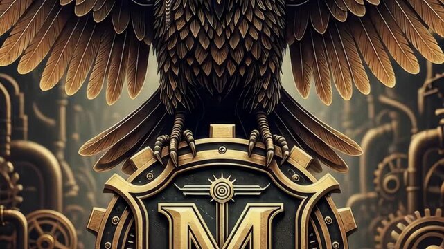 Suitable for steampunkthemed designs, logos, or digital art projects about mechanical birds, technology, or the letter m on a shield.