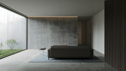 Modern living room interior design minimal, large window, sofa, and furniture in a bright apartment