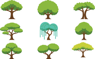 Set of nine cartoon green trees illustration, nature forest collection with different shapes, eco friendly landscape, vector design art © Zahid Creatives