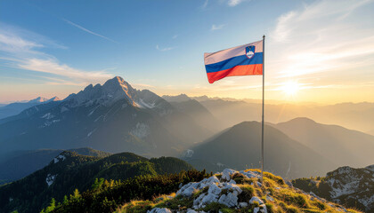 Stunning Slovenia flag atop mountain peak at sunrise, symbol of national pride and breathtaking alpine landscape, perfect for travel and patriotism themes