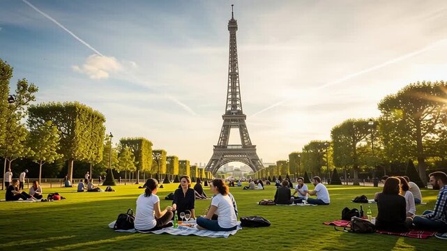 Eiffel Tower Picnic - A Parisian Scene of Leisure and Beauty.