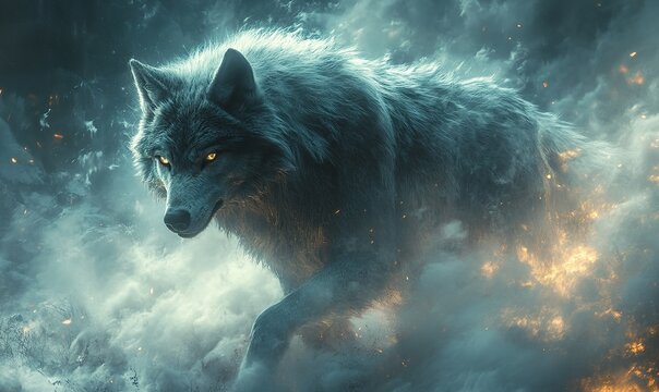 Alpha wolf with fiery eyes emerges from dramatic smoke and glowing embers.