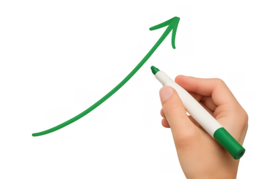 Hand drawing growing arrow symbolizing business success and financial growth on a transparent background