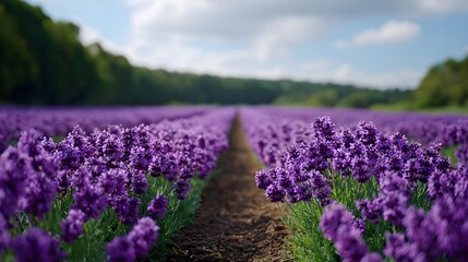 A vast field of blooming purple lavender stretches towards a distant treeline under a partly cloudy sky