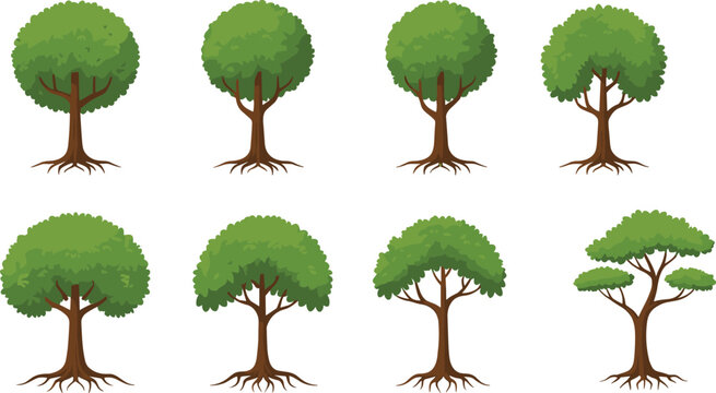 Set of eight cartoon green trees with roots illustration, natural forest plant collection, eco friendly nature concept, vector graphics design