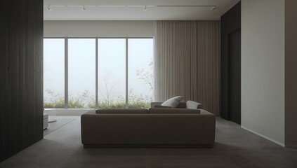 Modern living room interior design minimal, large window, sofa, and furniture in a bright apartment