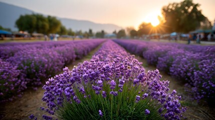 Obraz premium Vibrant purple lavender field rows bathed in warm golden sunset light with buzzing bees