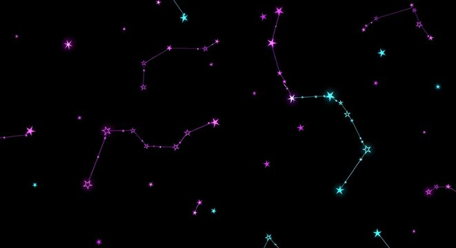 Seamless pattern of glowing, vibrant neon constellations and scattered stars against a deep black background. Astrology, space, and mystical energy. Digital background of interconnected bright stars