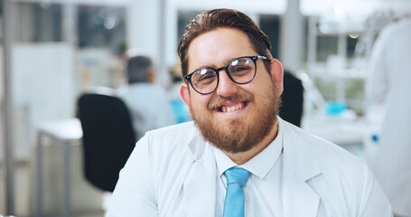 Happy, man and scientist with portrait in lab for career pride, about us and medical experiment. Smile, male person and research of healthcare study, pharmaceutical innovation and vaccine development