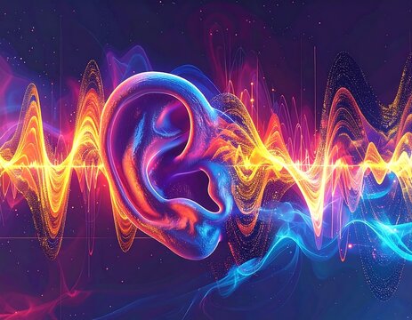 Abstract ear with sound waves in vibrant colors.