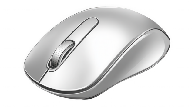 Silver wireless mouse isolated on transparent background for computer use