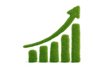 Green grass bar chart showing growth and increasing arrow, sustainable business development and eco-friendly success on transparent background