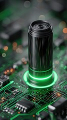 A sleek, black cylindrical device rests atop a vibrant green circuit board, encircled by a glowing neon green ring.  Its metallic texture and subtle lens details suggest advanced technology