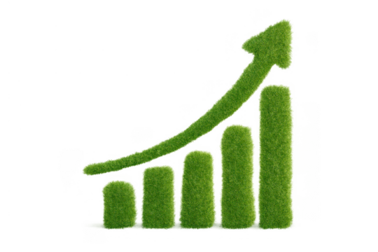 Green grass bar chart showing growth and increasing arrow, sustainable business development and eco-friendly success on transparent background