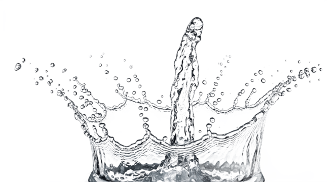Dynamic water splash forming a crown shape with clear liquid droplets and bubbles on a green background.