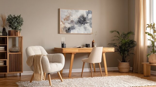 modern interior design of the study room with a wooden desk, an armchair, and a large abstract painting on the wall. minimalist home office in a color scheme.