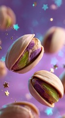 Two pistachios levitate against a vibrant purple backdrop sprinkled with gold stars, showcasing their vibrant green and purple hues.  The shells are slightly ajar, revealing the kernels within