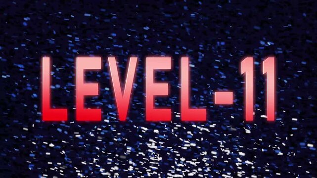 Red LEVEL-11 Text Glowing Against Dark Blue Particle 4k video Background level eleven
