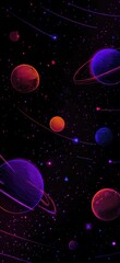 Vibrant planets and shooting stars traverse a dark, starry expanse; glowing rings and cosmic trails create a neon-lit celestial scene