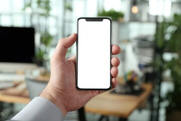 Shot of an adult man holding his smartphone with a blank white screen while sitting at an office desk and looking at a computer monitor displaying charts, close-up view.