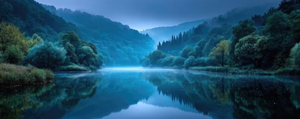 Moonlit river flowing through dense forest concept. Serene lake reflecting lush greenery under a twilight sky.